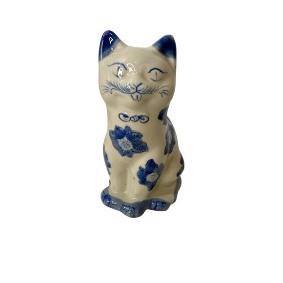 3 Vintage Blue & White Ceramic Chinese Lucky Cats Figurines MCM Oriental Decor - Picture 4 of 11